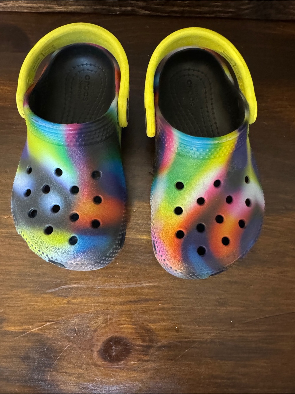 CROCS Baby Classic Clog in Rainbow Tie-Dye with Yellow Straps